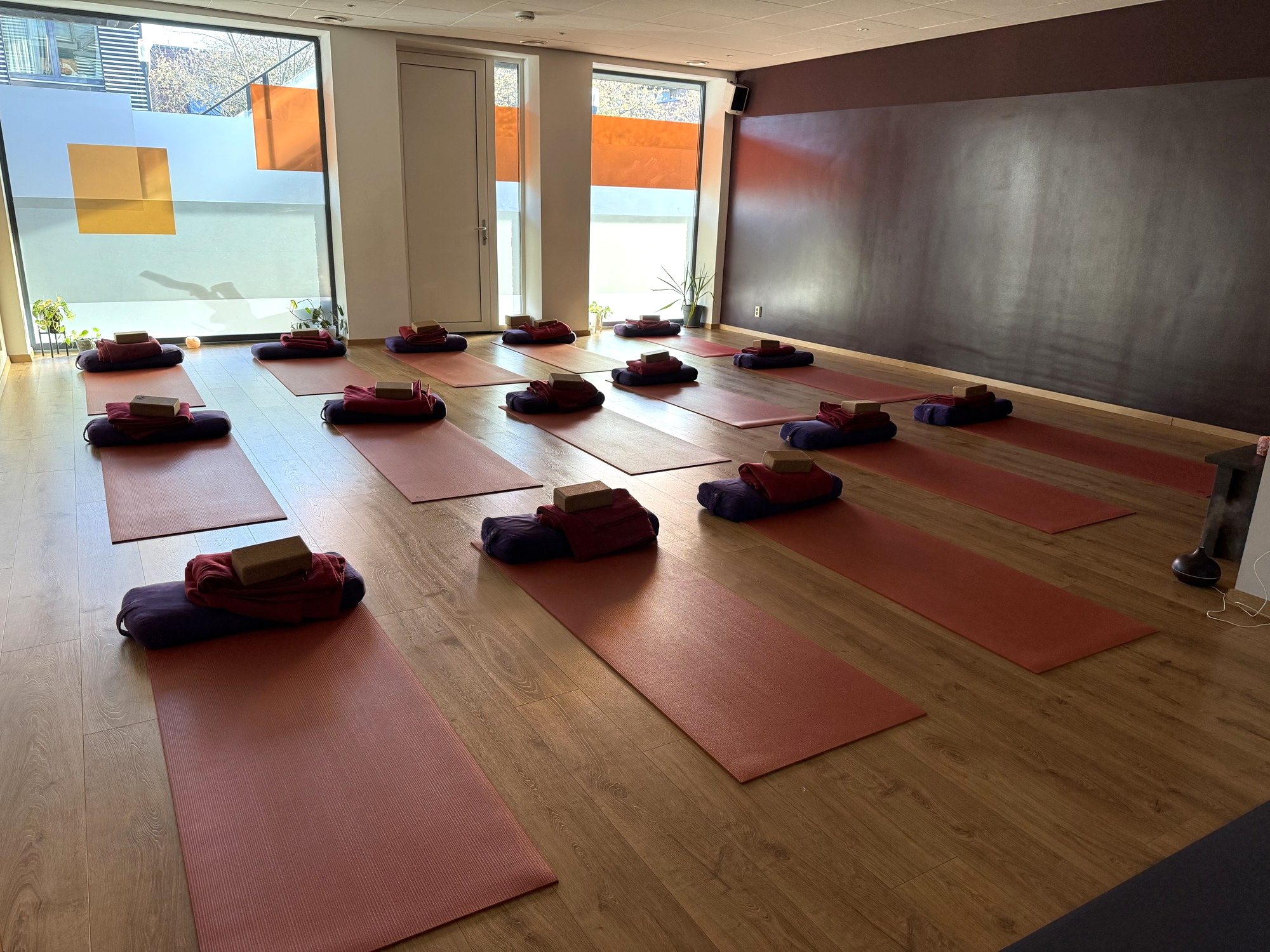 Thrive IJburg: ruime yogazaal met matten en bolsters klaargelegd voor de les